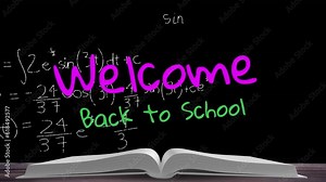Animation of back to school text over book and mathematical equations