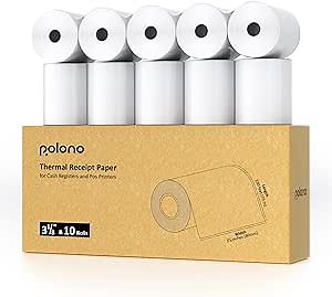 POLONO 3 1/8” x 230' Thermal Paper, Receipt Paper Suitable for Many Credit Card Terminals, POS Machines, Cash Registers, and Square Printers, BPA Free Receipt Paper, Receipt Paper Rolls, 10 Rolls.