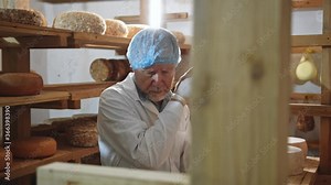 Handsome cheesemaker in uniform checking the seasoning of Parmesan cheese age on sunny background. Man making delicious traditional food at small producing farm. Farmers insurance. Business. 4K