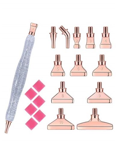 1pc Silver-colored Plastic Pen With Straight Stem + 6pcs Threaded Diamond Painting Drill Bits + 6pcs Red Stickiness + 1pc Plastic Storage Box, Point Drill Tool Set | SHEIN