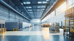 Spacious modern industrial warehouse with organized shelving units, well-lit interior, and large storage space for efficient operations.