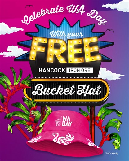 🎉 Show your WA pride and score a FREE bucket hat! 🦘☀️ Grab a copy of The West Australian or The Sunday Times on Saturday 15 November or Sunday 16 November and find the token inside. Take your token to a participating Ampol to claim your FREE Hancock Iron Ore bucket hat - perfect for showing off your WA spirit at this year’s WA Day Festival at Burswood Park, Friday 22 & Saturday 23 November! 🙌 🧢 One hat per token - but the more tokens you collect, the more hats you can take home! Find your ne