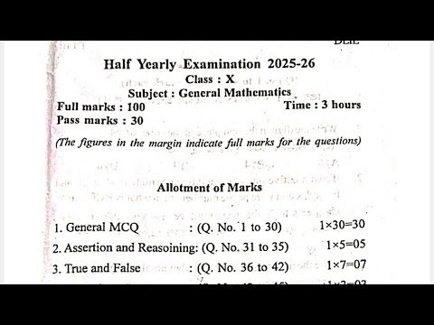 General Mathematics question paper with solved MCQs|Class X Half Yearly Examination 2025|Maths paper