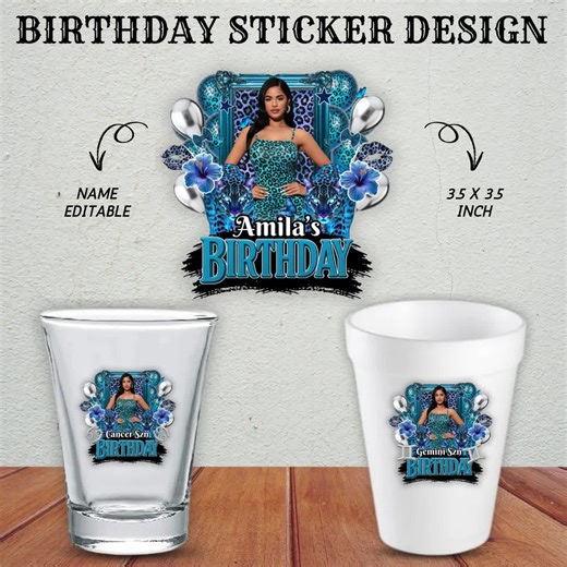 Birthday Design Template,blue Balloon Birthday Sticker Design Template,styrofoam Cup Stickers, T-shirt Design Birthday Sticker Template - Etsy