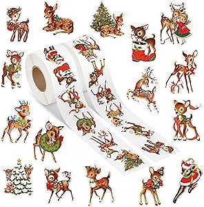 Christmas Reindeer Sticker Roll - 1000Pcs Vintage Cartoon Reindeer Stickers Gifts Pack for Kids Teens, Cute Label Decals for Laptop Gift Guitar Skateboard Home Party Decor School Rewards