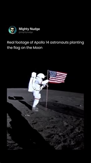 MIGHTY on Instagram: "The real footage of Apollo 14 astronauts planting the American flag on the Moon in 1971 is one of the most powerful symbols of human achievement. Commander Alan Shepard and Lunar Module Pilot Edgar Mitchell stood on the barren lunar surface, 384,000 kilometers away from Earth, representing all of humanity in that silent, lifeless world. Unlike Earth, the Moon has no wind, so the flag did not wave naturally. NASA designed it with a horizontal rod to keep it extended. Even so