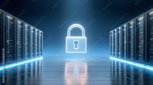 Secure data center glowing lock padlock icon protecting data security servers rack network cloud