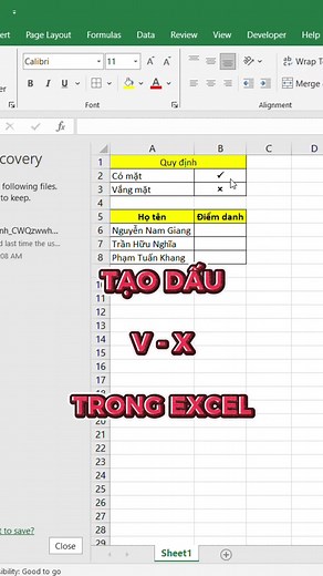 Cách tạo dấu V và X trong Excel đơn giản