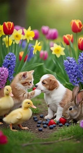Puppy, kitten & bunny — berry picnic under spring blooms?