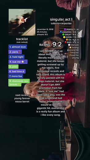 singular act I by sabrina carpenter 💌 | #sabrinacarpenter #singularact #singularact1 #carpenters #nonsense #sueme #badtime #paris #diamondsareforever #sabrinacarpentermusic #albumrankings #albumreview #review #fyp #music #fy #foryou #foryoupage