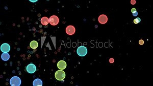 Large circle falling and blur rainbow colorful particle element of circle and pentagon star burst effect white star floating on the black screen
