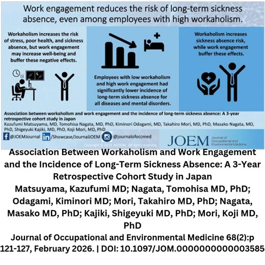 Association Between Workaholism and Work Engagement and the Incidence of Long-Term Sickness Absence: A 3-Year Retrospective Cohort Study in Japan Matsuyama, Kazufumi MD; Nagata, Tomohisa MD, PhD; Odagami, Kiminori MD; Mori, Takahiro MD, PhD; Nagata, Masako MD, PhD; Kajiki, Shigeyuki MD, PhD; Mori, Koji MD, PhD Journal of Occupational and Environmental Medicine 68(2):p 121-127, February 2026. | DOI: 10.1097/JOM.0000000000003585 This study suggests that high work engagement can buffer the adverse 