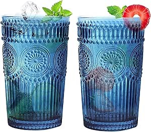 Loivttvv 6pcs Vintage Drinking Glasses Set, 12 oz Blue Highball Glasses, Embossed Ribbed Glassware Cups for Cocktail, Water, Juice, Coffee, Whiskey