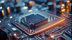 Electronic circuit board close up. Central Computer Processors CPU concept. Ai computer data center render.