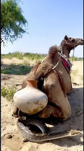 A powerful python snake suddenly attacked the camel from behind.