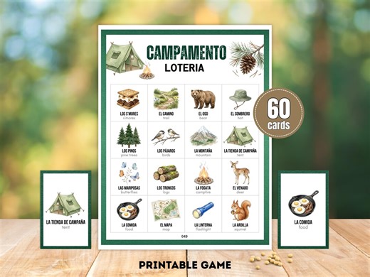 Camping Lotería • 60 Printable Cards • Outdoor Bingo Game • Camping Party Activity • Bilingual