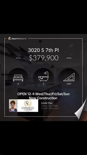OPEN 12-4 Wed/Thur/Fri/Sat/Sun. $379,900. New Construction! 3020 S 7th Pl, Broken Arrow , OK. Was $399,900!4 beds/2 bath/3 car garage. This open/split 4 bedroom floorplan features wood flooring in entry, living room, hallways, kitchen and dining room and quartz countertops throughout. the en suite is private and boasts a huge walk-in closet, soaking tub and spacious tile shower. Entertain or just relax on the covered patio. Contact Linda Clay, Lee Signature Properties, Chinowth & Cohen Realtors,