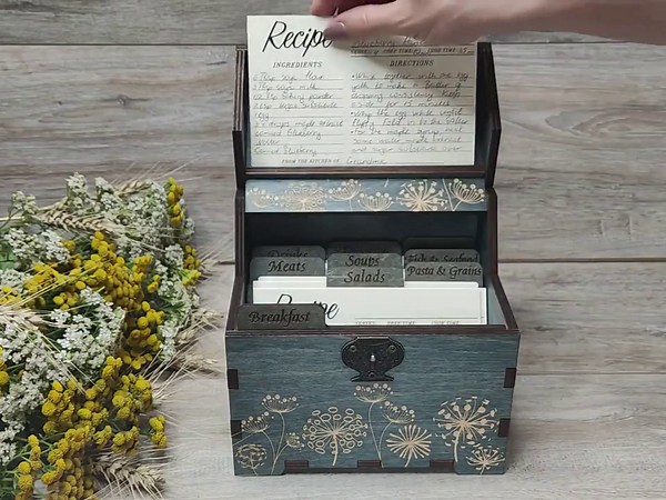 Personalized Wood Recipe Box With Dandelions, Dividers & 4x6 Recipe Cards Engraved Box Custom Wooden Recipe Card Box - Etsy