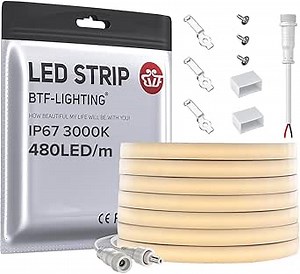 BTF-LIGHTING FCOB COB LED Strip IP67 Waterproof Flexible High Density Uniform Diffused Neon Light 16.4FT DC12V Warm White 3000K 480LED/m CRI 90+ for Indoor Decor(No Adapter or Controller)