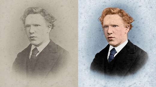See a rare photograph of artist Vincent Van Gogh come to life with color through the process of colorization. This image gives you the unique chance to see history in color thanks to this rare photo of Vincent Van Gogh being colorized by a colorizer in Photoshop. Very few photographs of world-famous artist Vincent Van Gogh, are known to exist. In fact, there is only one confirmed photographic portrait of him, and that was taken in 1873 when Vincent was only 19 years old, about 10 years before he