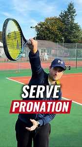 Mastered your tennis serve pronation? Follow for more drills and tips to improve your tennis 🎾 A great way to work in this alone, simply use a tennis wall or court fence as a physical guide to perfect the movement needed to improve your serve pronation. 1. Stand by the wall/fence and shadow the swing. Perform your normal serve take-back and as the racquet drops behind your back lead with your elbow and get the wrist in a supinated position. 2. Extend your arm into contact and rotate your forear