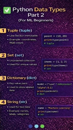 # Machine Learning for beginners part 8 # python datatypes part 2 tuple,set,dictionary and string