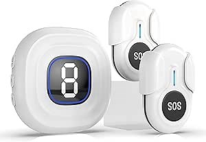 Caregiver Pager, Wireless Call Buttons for Elderly Monitoring, Adjustble 12min Long Ringtone SOS Alert Button Call Bell for Patients Nurse (1 Receiver and 2 Call Buttons)