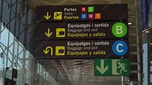 Baggage Claim, Immigration and Gates sign in airport. Spanish symbols.