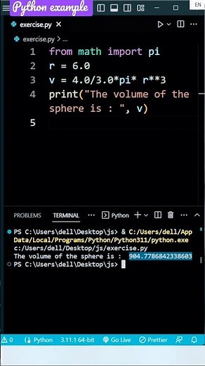 Python - program to get the volume of a sphere where radius is given #python #shorts #programming