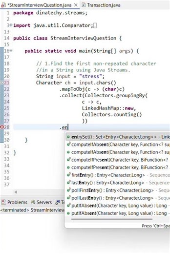 Java 8 Stream Interview Question 🔥 First Non-Repeated Character Explained | DinaTechy #coding