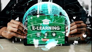 E-learning and Online Education for Student and University conceptual. Graphic interface showing technology of digital training course for people to do remote learning from anywhere.