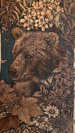 Jaydlyn Joan on Instagram: ". Pyrography Greek- ‘pyr’ (fire) and ‘graphos’ (writing) ~writing with fire~ . Burned completely by hand without the use of lasers- ‘Beary Season’ is almost completed. I did not think this piece would take as long as it did, and I’m going to be really cutting it down to the wire here before it goes on display at the @rosslandmuseum on Thursday. I could have called this piece done ages ago, however instead I chose to obsess over every minuscule detail on every inch of 