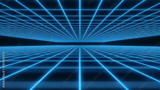 A seamless infinite loop of a glowing blue digital grid plane receding into a vanishing point space, network, corporate