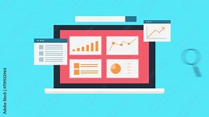 Analytics software application business graph and financial data, website statistics UI presentation on laptop screen, marketing infographic video animation.