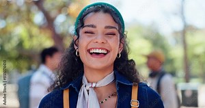 Smile, face and woman on university campus with bag for education, learning commitment or knowledge. Bokeh, portrait and happy student for fashion scholarship, studying or academic growth at school