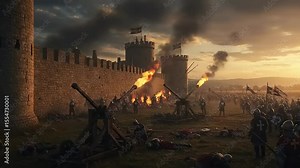 Medieval battle scene at sunset with siege engines, soldiers, and a castle under attack