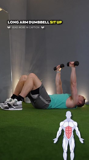 🏋🏻 Long Arm Dumbbell Sit Up⁣⁣⁣⁣ - The Long Arm Dumbbell Sit Up is a weighted variation of the traditional sit up exercise that targets your abs. By keeping your arms long in front of your body, it makes this exercise even more challenging. ⁣⁣⁣⁣To get started:⁣⁣ 1️⃣ Lie down on your back on the floor with your knees bent, feet flat on the floor.⁣⁣⁣⁣ 2️⃣ Hold a pair of dumbbells extended in front of your body with an overhand palms facing forward grip.⁣⁣⁣⁣ 3️⃣ Contract your abs to raise your upp