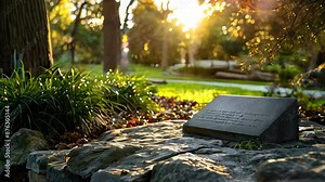 Commemorative plaque on rock in serene, sunlit park with fallen leaves and trees