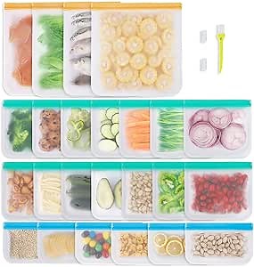 Reusable Freezer Bags - 24 Pack, 4 Gallon + 14 Sandwich + 6 Snack Bags, Leakproof Ziplock for Veggies, Fruits, Meat