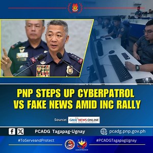 PNP steps up cyberpatrol vs fake news amid INC rally The Philippine National Police (PNP) has intensified its cyberpatrol to monitor fabricated claims on social media in connection with the three-day rally of Iglesia ni Cristo (INC) against corruption from November 16 to 18. PNP acting chief Police Lieutenant General Jose Melencio Nartatez Jr. said some online content creators may take advantage of the event to agitate and encourage the people to violate the law. Read more: https://www.gmanetwor