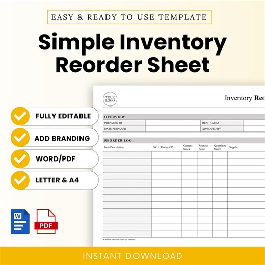 Simple Inventory Reorder Sheet Template – Word & PDF, A4   US Letter - Etsy