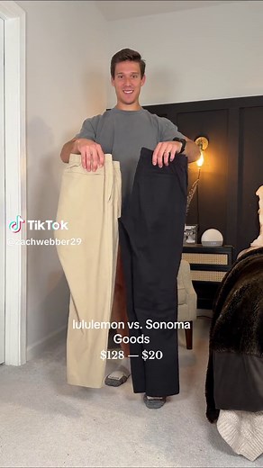 $128 vs. $20 lululemon ABC Pull on Pants & Sonoma Goods for Life Pull on Pants I love my ABC pull on pants, but these Sonoma Goods pants compare very well! They’re more structured than the lululemon pants, and they’re made with mostly cotton. ABC pants are 50% polyester, but still some of the most comfortable pants I have. You can shop them both in my bio! #lululemon #mensfashion #pullonpants #comparison