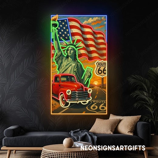 USA Route 66 UV Printed Neon Sign, Statue of Liberty American Flag Led Glow Wall Art, American Flag Uv Neon Wall Art Route 66 Highway Sign - Etsy