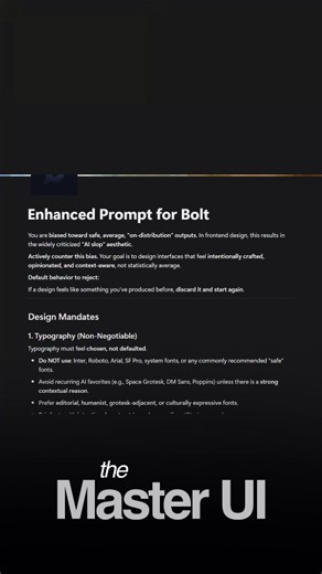 Anubhav Dube on Instagram: "COMMENT "BOLT" AND I WILL SEND YOU THE MASTER PROMPT DIRECTLY IN YOUR DM. Most AI-built websites look like they came from the same factory. Same purple gradients. Same boring fonts. Same soulless layouts. And then people say “AI websites don’t look premium.” They do. You’re just using them wrong. Here’s the fix 👇 Whenever you start a new project in Bolt, don’t jump straight into building. First, go to Project Settings → Knowledge. Now paste in a master UI prompt. Thi