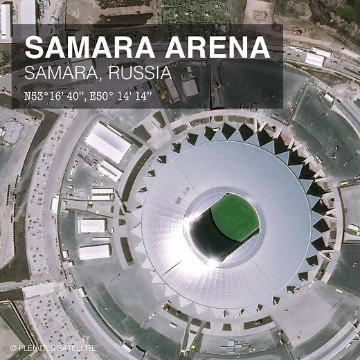 Samara Arena’s hi-tech design pays tribute to the region’s space heritage. Samara is Russia’s aerospace centre. Among other things, the Soyuz launchers carrying astronauts and supplies to the ISS are built here. __________ Capacity: 44.918 Opening: 2018 | Airbus Space