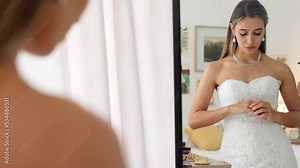 Anxiety, stress and bride thinking in mirror feeling scared, mistake or fear for marriage commitment. Nervous, mental health and worry with woman breathing in wedding dress before event