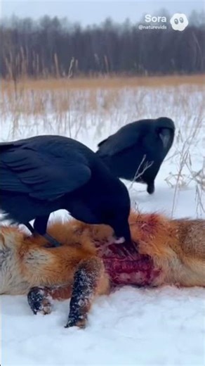 Two ravens scavenging from a fox carcass 🐦‍⬛🦊