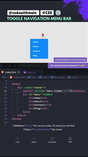 CSS Toggle Menu Tutorial #css3 #webdevelopment #codingtips #uidesign #responsivemenu