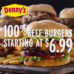 100% beef burgers. 100% beautiful. With a side of fries starting at $6.99. 100% brings a tear to the eye. | Denny's