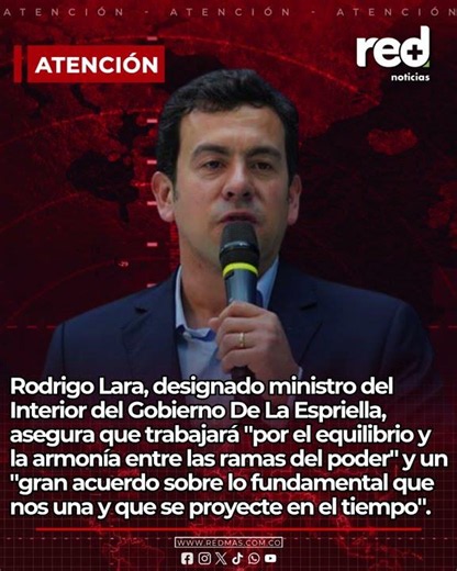 Rodrigo Lara envía primer mensaje como ministro designado: promete un "gran acuerdo" para Colombia
